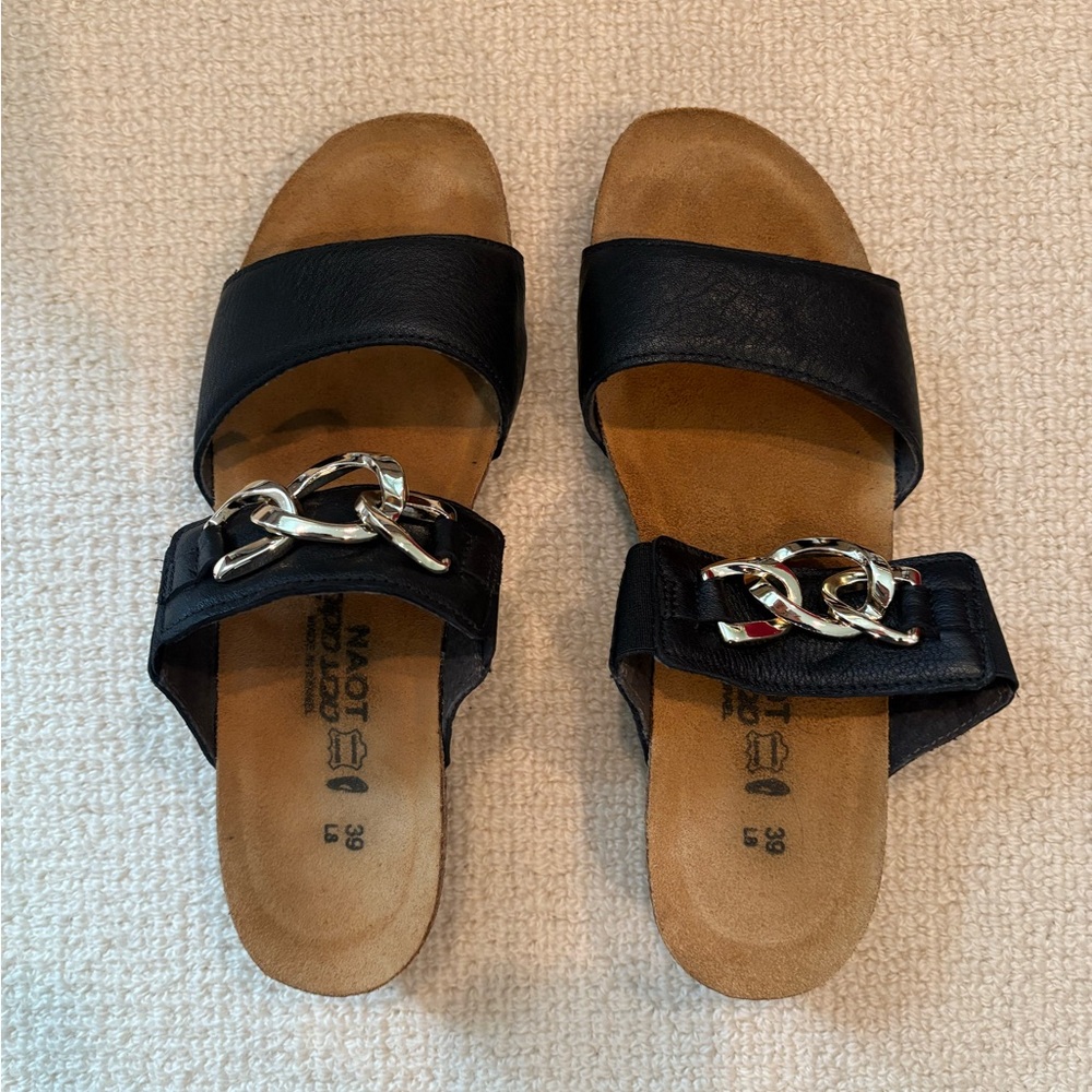 Naot Black Sandals with Silver Chain Detail